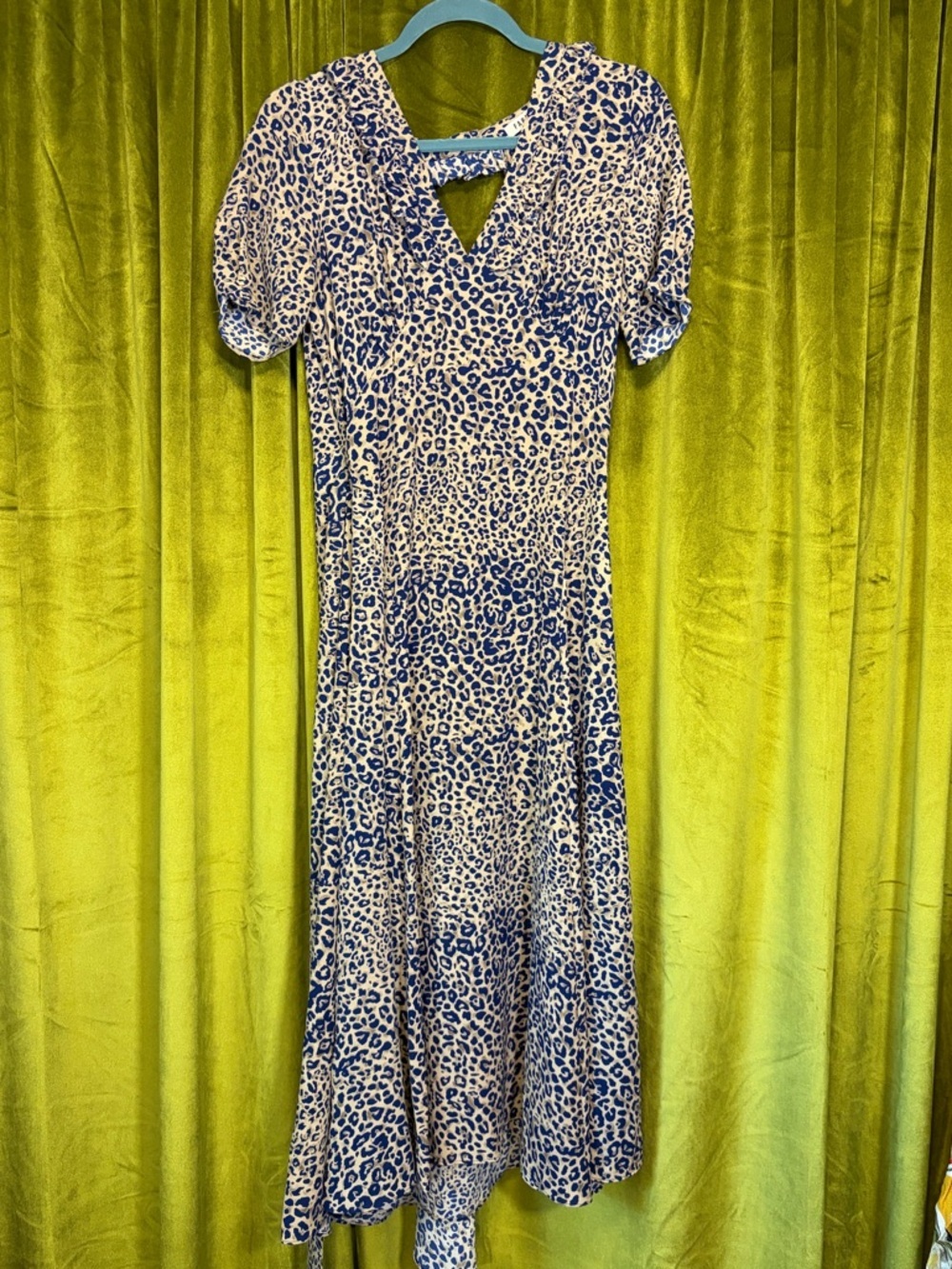 Revolve Farrow Blue Leopard Print Wrap midi Dress. Size Small. Retail $128